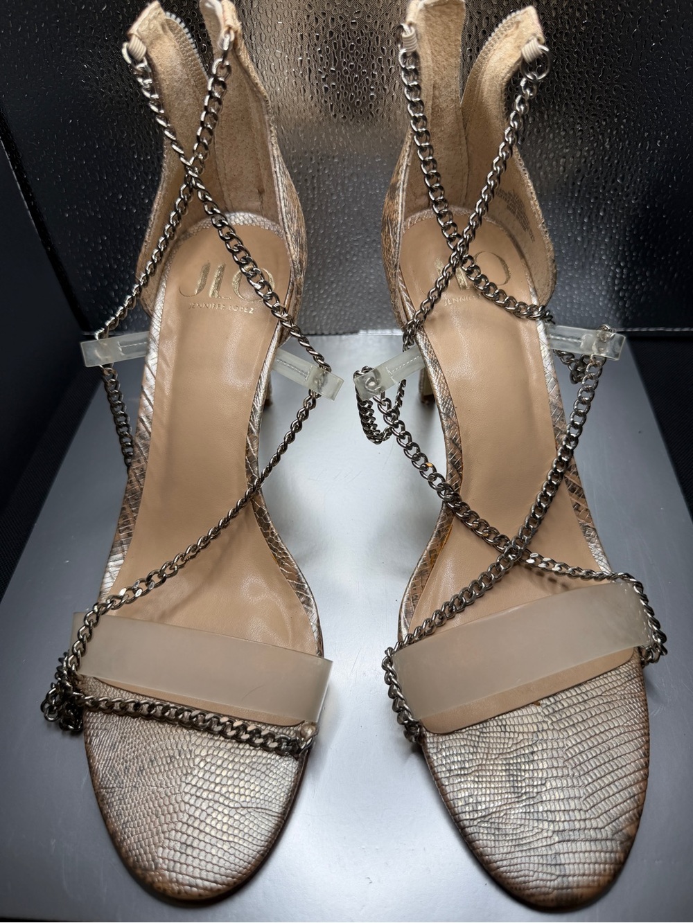 Jennifer Lopez Metallic Nude Lizard-Print Chain Lace Sandals